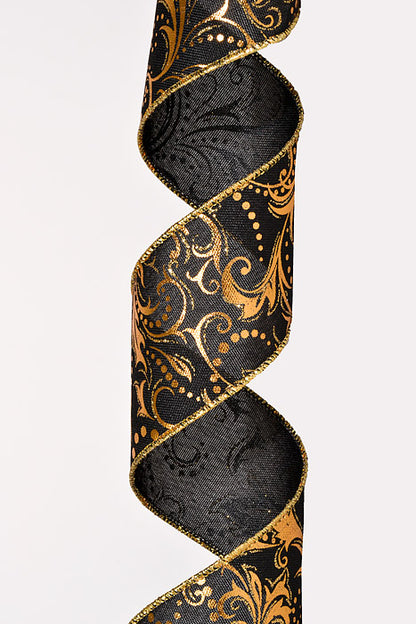 2.5" X 10Yds Wired Linen Gold Metallic Swirls Ribbon Black