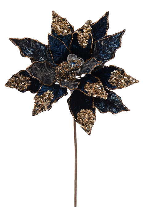 18" X 10" Heavy Jeweled Poinsettia Stem Sapphire/Gold