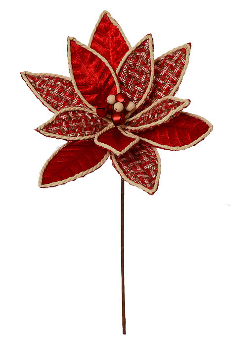 22" Tweed Velvet Poinsettia Stem Red/Natural