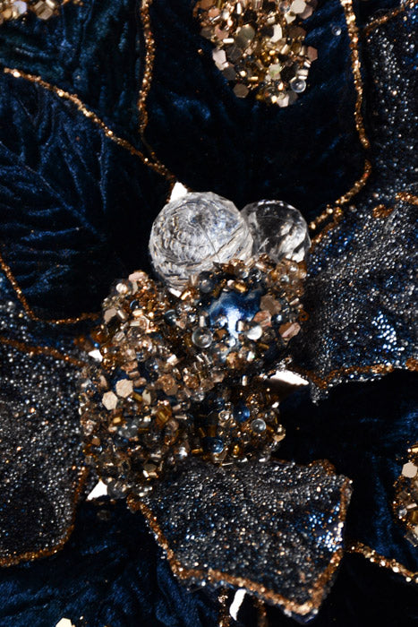 18" X 10" Heavy Jeweled Poinsettia Stem Sapphire/Gold