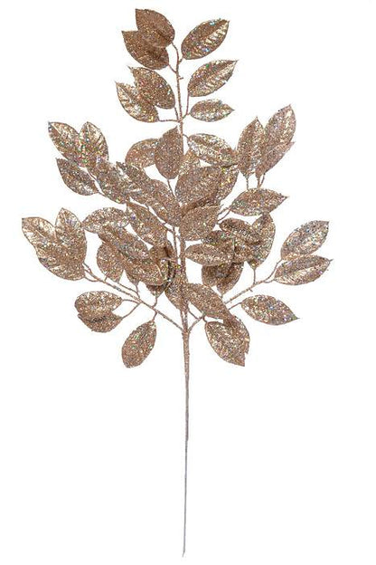 31" Glitter Sequin Camelia Leaf Spray Champagne