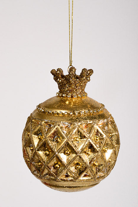 5" Glass Crown Ball Ornament Antique Gold