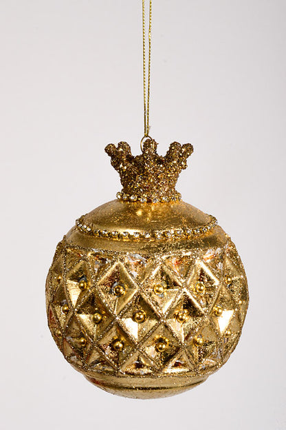 5" Glass Crown Ball Ornament Antique Gold