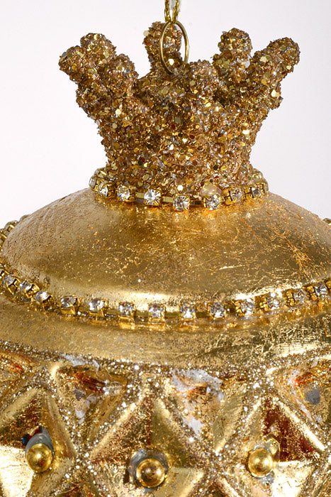 5" Glass Crown Ball Ornament Antique Gold
