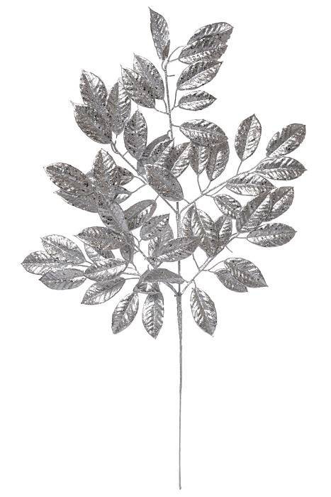 31" Glitter Sequin Camelia Leaf Spray Silver