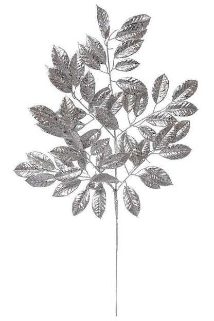 31" Glitter Sequin Camelia Leaf Spray Silver