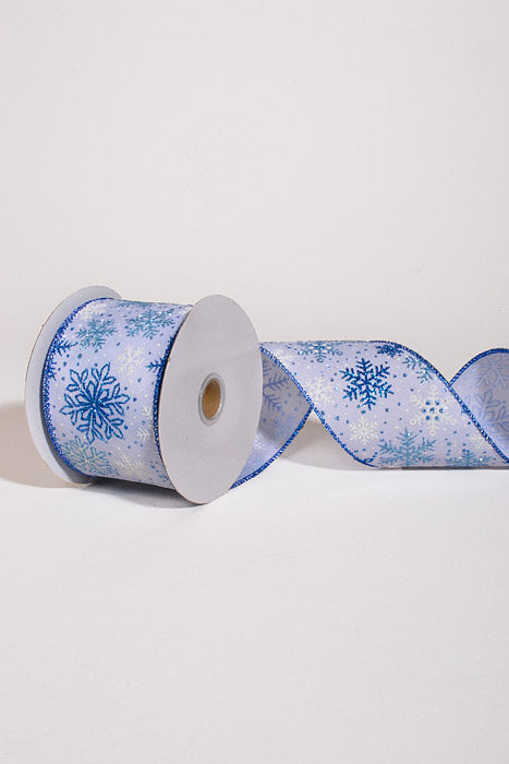 2.5" X 10Yds Wired Linen Glitter Matte Snowflake White/Blue
