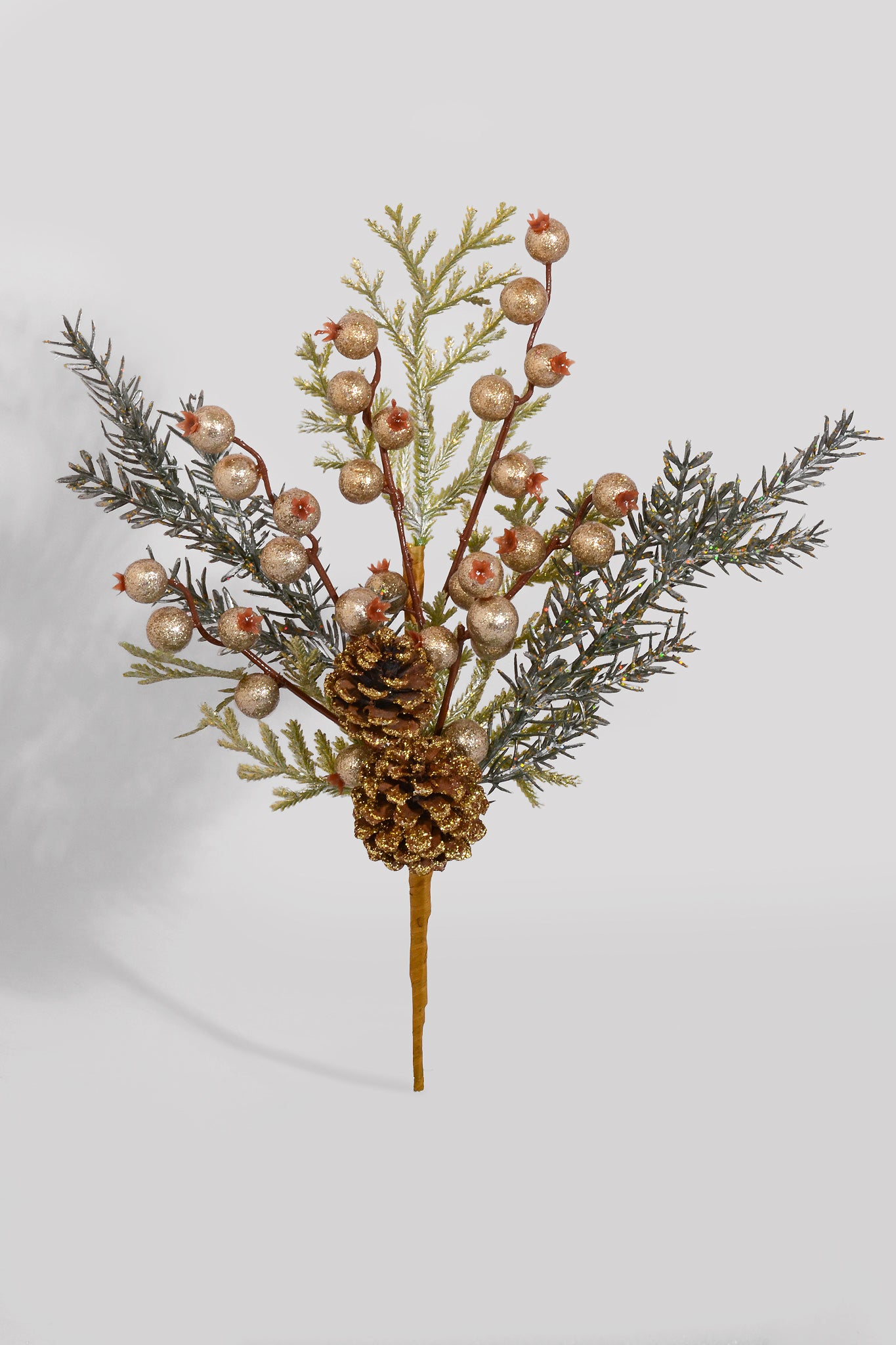 14" Glitter Cedar/Berry/Pine Pick Champagne