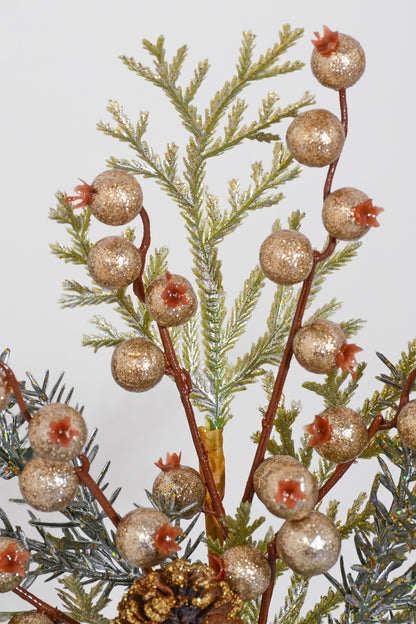 14" Glitter Cedar/Berry/Pine Pick Champagne