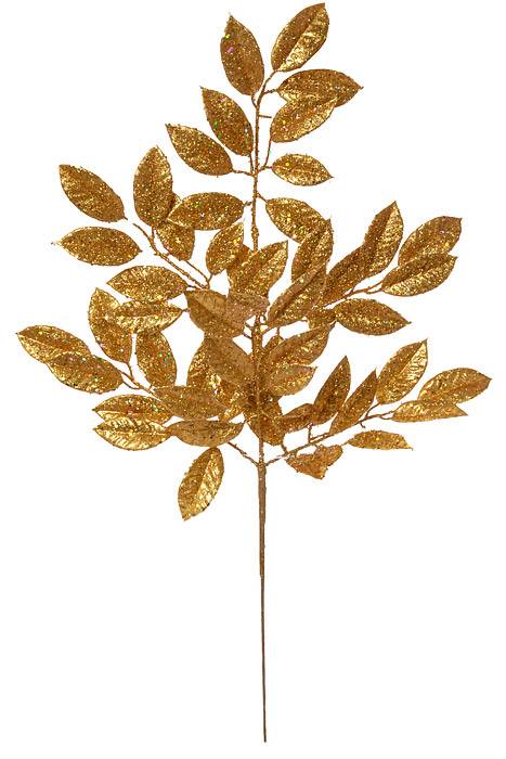 31" Glitter Sequin Camelia Leaf Spray Gold