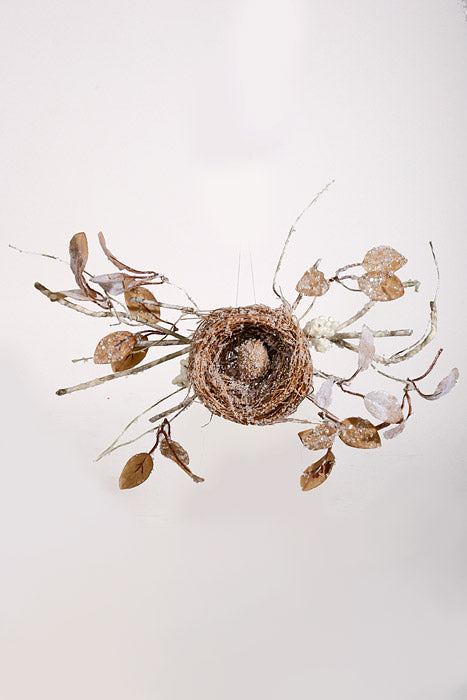 15" Winter Snowy Nest  with Branch and Egg Natural Frosted