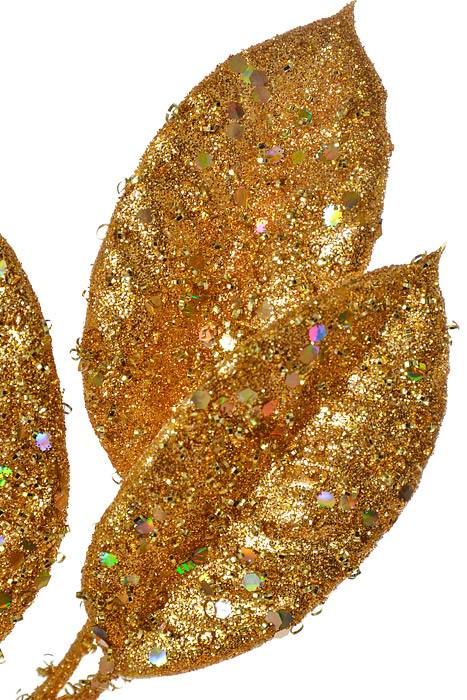 31" Glitter Sequin Camelia Leaf Spray Gold