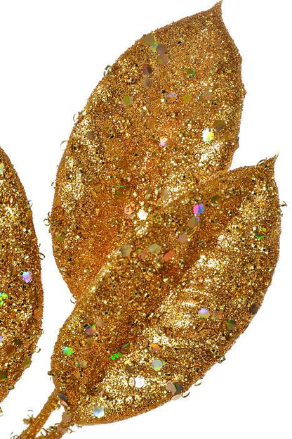 31" Glitter Sequin Camelia Leaf Spray Gold