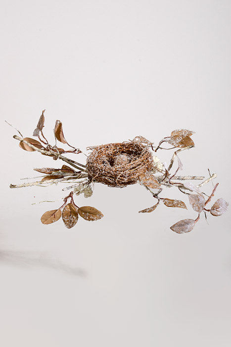 15" Winter Snowy Nest  with Branch and Egg Natural Frosted