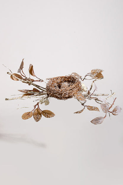 15" Winter Snowy Nest  with Branch and Egg Natural Frosted
