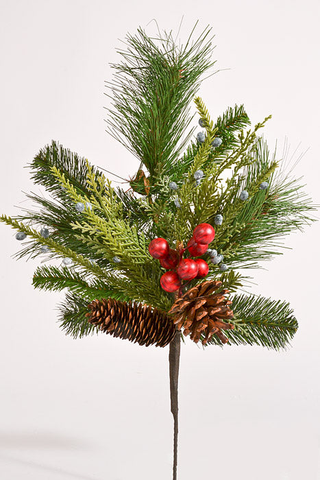 19" Artificial Mixed Pine Berry Cone Spray Green