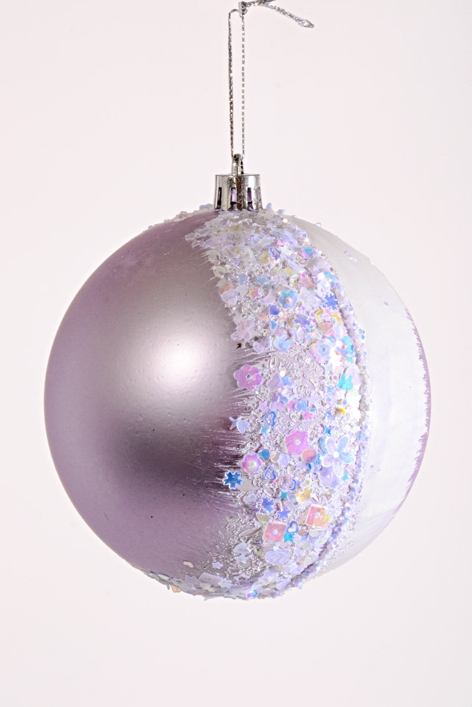 100MM Plastic Shiny/Matte W/Sequin Ball Ornament Lavender Box/4
