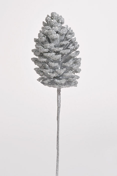 12" Glitter Pinecone Pick Silver