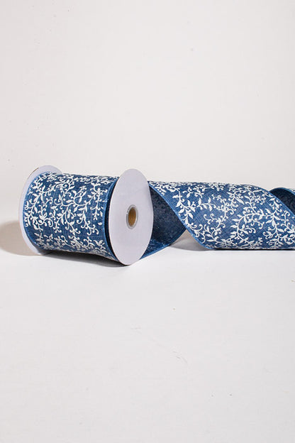 4" X 10Yds Wired Linen W/Glitter Leaf Swirls Ribbon Denim/White