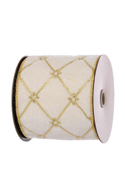 4" X 5Yds Tufted Velvet With Jewel Ribbon Ivory/Gold