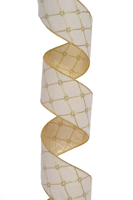 4" X 5Yds Tufted Velvet With Jewel Ribbon Ivory/Gold