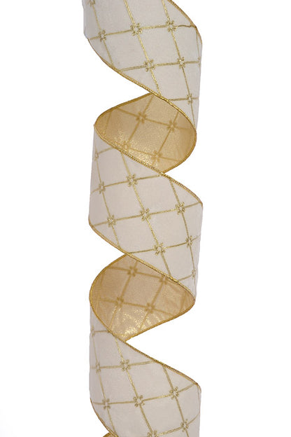 4" X 5Yds Tufted Velvet With Jewel Ribbon Ivory/Gold