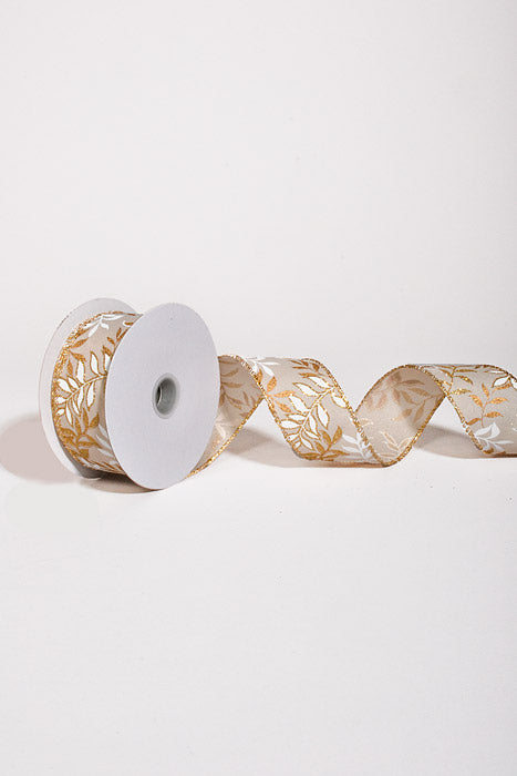 1.5" x 10Yds Wired Ivory Linen Pressed Branch Ribbon White/Gold