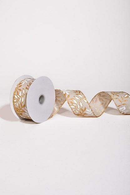 1.5" x 10Yds Wired Ivory Linen Pressed Branch Ribbon White/Gold