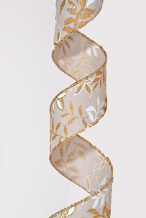 1.5" x 10Yds Wired Ivory Linen Pressed Branch Ribbon White/Gold
