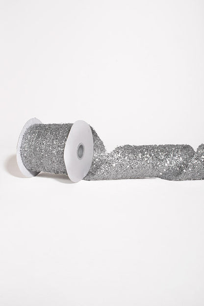4" X 10Yds Wired Long Confetti Metallic Ribbon Silver