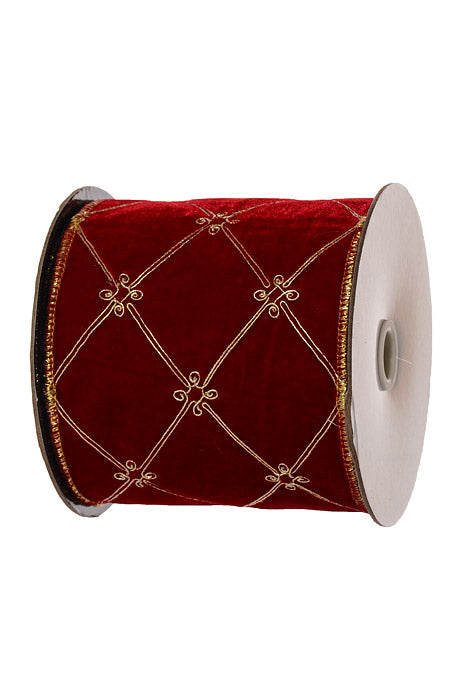4" X 5Yds Wired Tufted Velvet With Jewel Ribbon Red/Gold