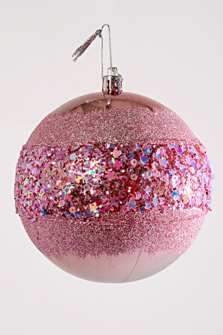 100MM Plastic Shiny/Matte Ball W/Glitter/Sequin Ornament Pink Box/4