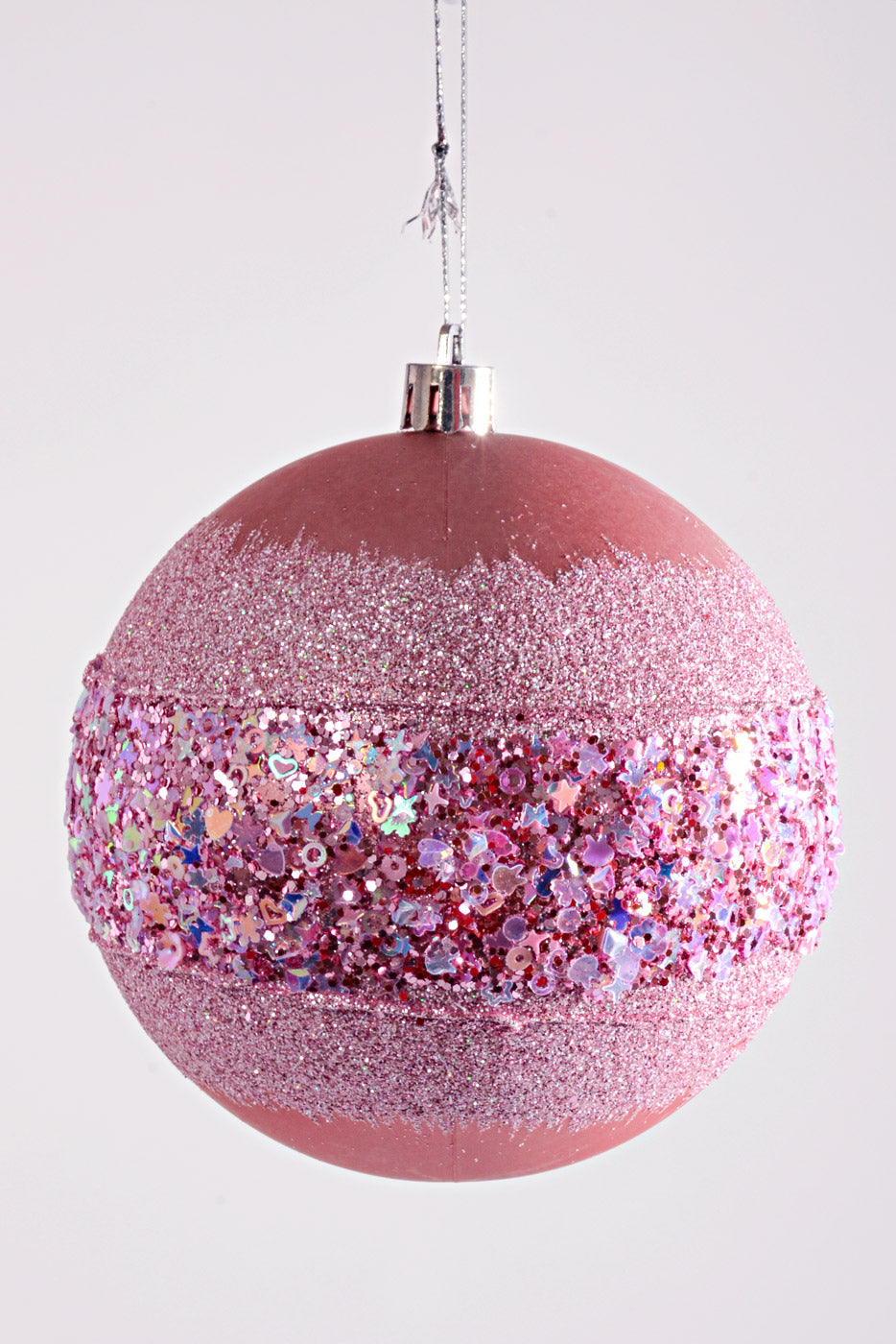 100MM Plastic Shiny/Matte Ball W/Glitter/Sequin Ornament Pink Box/4