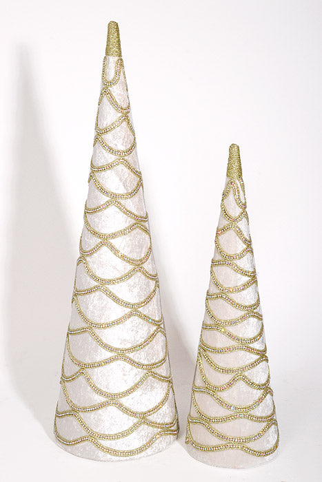 18.5-25" Velvet with Jewel Cone Tree Ivory Set/2