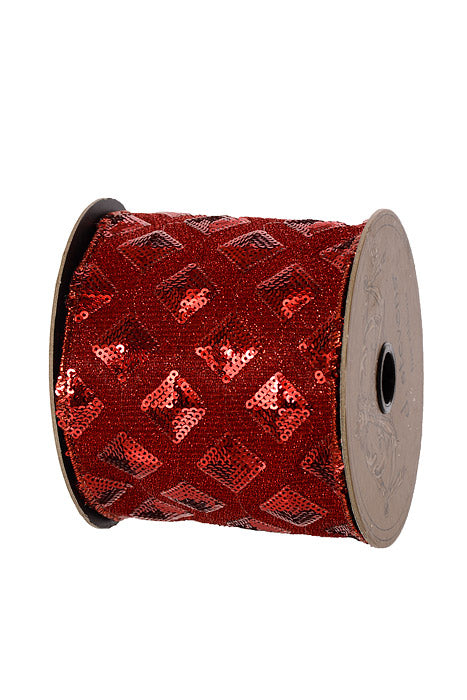 4" X 5Yds Wired Sequin Metallic Lame Diamond Ribbon Red