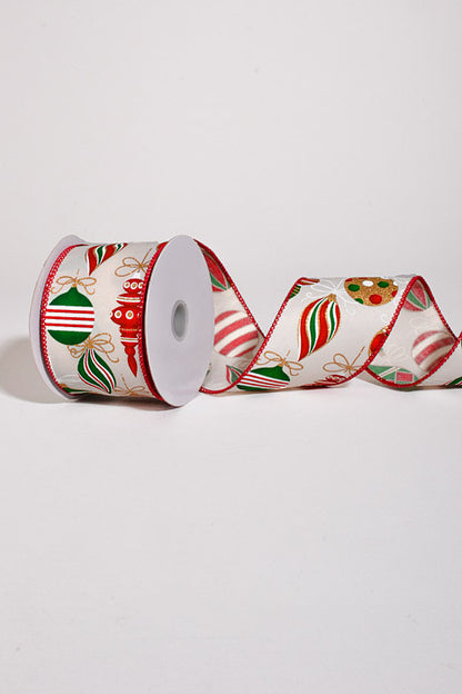 2.5" x 10Yds Wired Ivory Linen Ornament Ribbon Red/Green/Gold