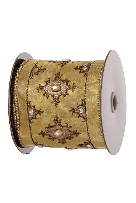 4" X 5Yds Wired Embroidered Jewel Medallion Ribbon Gold