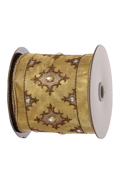 4" X 5Yds Wired Embroidered Jewel Medallion Ribbon Gold