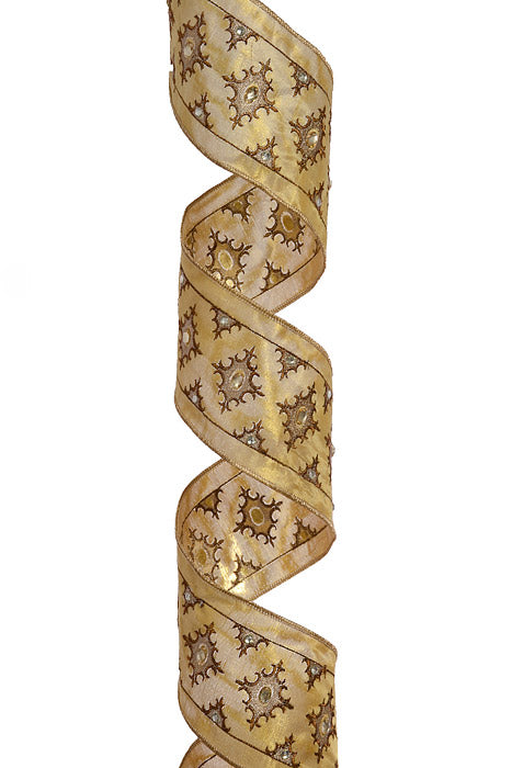 4" X 5Yds Wired Embroidered Jewel Medallion Ribbon Gold