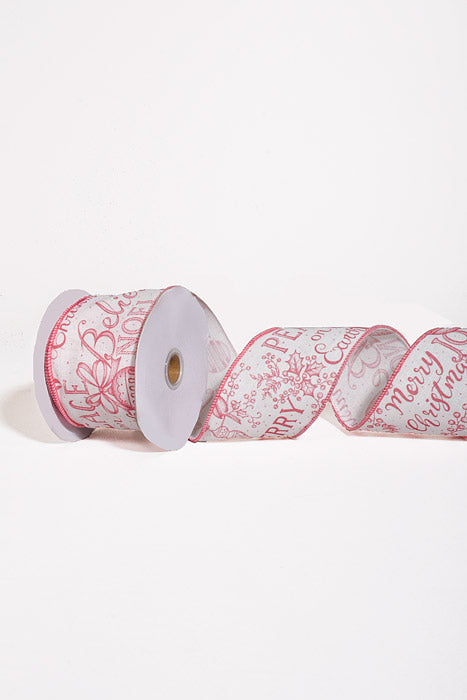 2.5" X 10Yds Wired Linen Vintage Christmas Script Ribbon Mauve/White