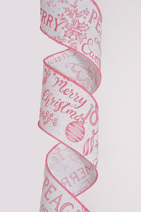 2.5" X 10Yds Wired Linen Vintage Christmas Script Ribbon Mauve/White