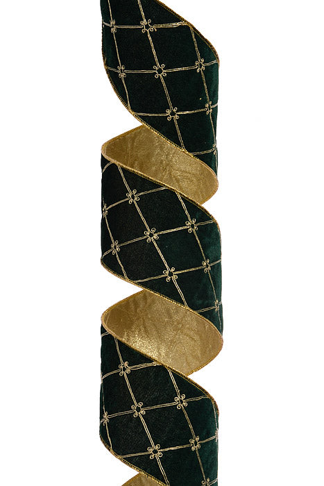 4" X 5Yds Wired Tufted Velvet With Jewel Ribbon Green/Gold