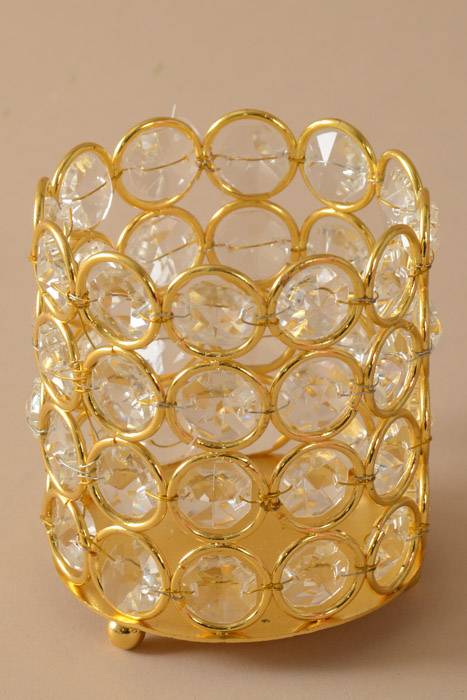 3&quot; X 3.5&quot; Crystal Bead Candle Holder Gold/clear