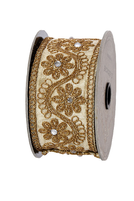 2.5" X 5Yds Metallic Dupion Floral Garland Trim Ribbon Gold