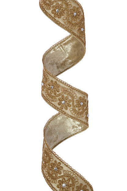 2.5" X 5Yds Metallic Dupion Floral Garland Trim Ribbon Gold