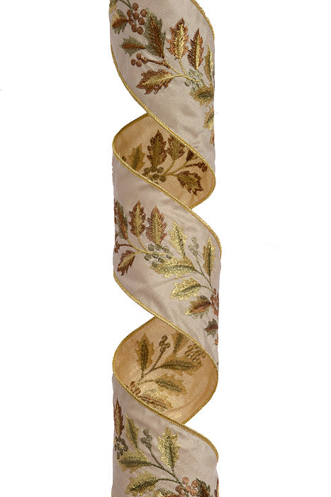 4" X 5Yds Wired Holly Vine Velvet Ribbon Champagne