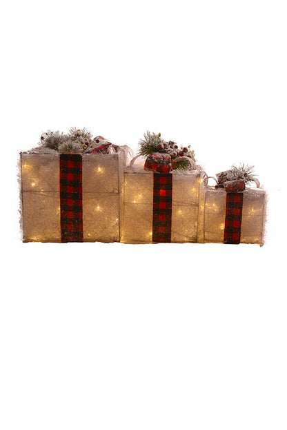 8.5"/10.75"/13" Lighted Gift Box With Bow Pinecone White/Red Set/3