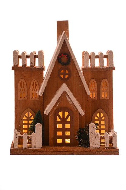 17" Wooden House With Lights Brown/White