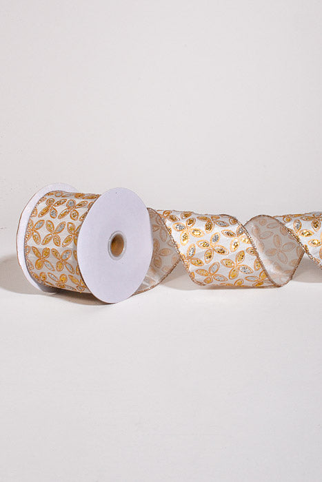 2.5" X 10Yds Wired Satin Silver/Gold Petals Ribbon Ivory