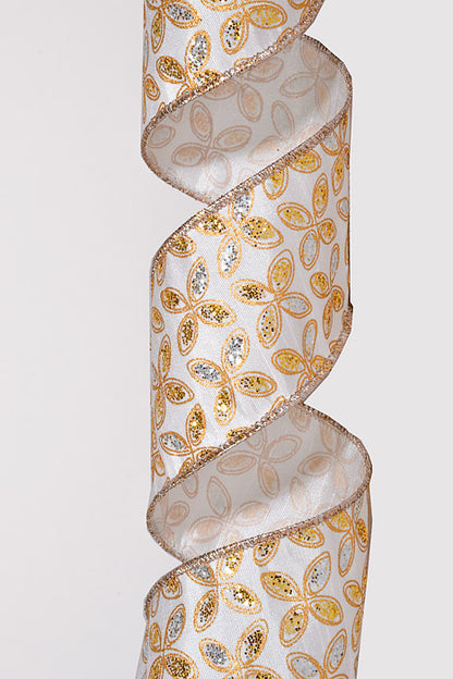 2.5" X 10Yds Wired Satin Silver/Gold Petals Ribbon Ivory